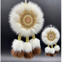 Ewenki Sunflower Car Hanging Ornament – Handmade Intangible Cultural Heritage, Double-Sided Mink Fur Pendant, Ethnic Souvenir