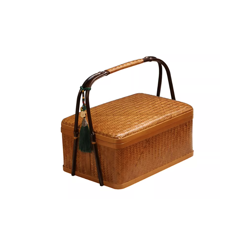 Handmade Bamboo Woven Double-Layer Basket with Handle – Vintage Chinese Storage Box, Retro Picnic Basket, Tea & Snack Container