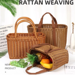 Handmade Rattan Woven Basket with Handle – Chinese Knot Flower Basket, Picnic, Fruit & Vegetable Shopping Tote