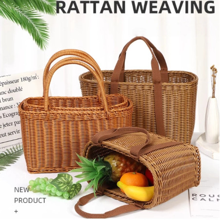 Handmade Rattan Woven Basket with Handle – Chinese Knot Flower Basket, Picnic, Fruit & Vegetable Shopping Tote